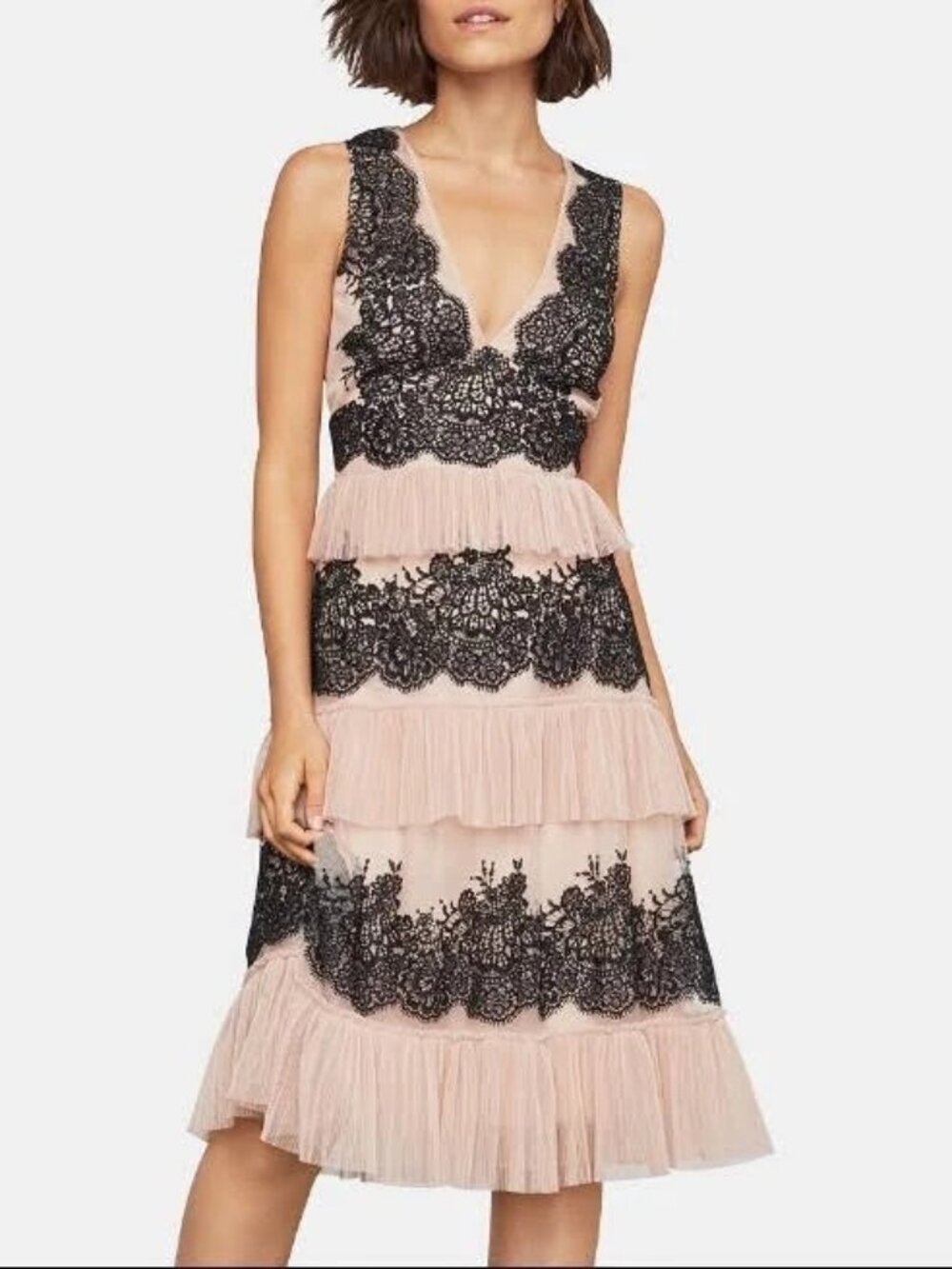 BCBGMAXAZRIA Blush Pink Pleated tulle Dress with Black Lace Trim - Picture 3 of 6